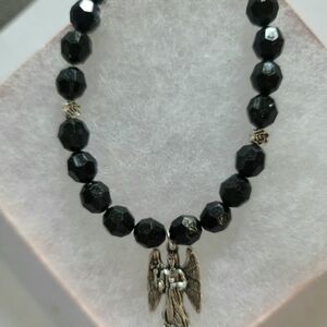 EBONY BLACK 4MM BEAD   SILVER ETCHED FAIRY PENDANT CHARM  1 SIZE BRACELET